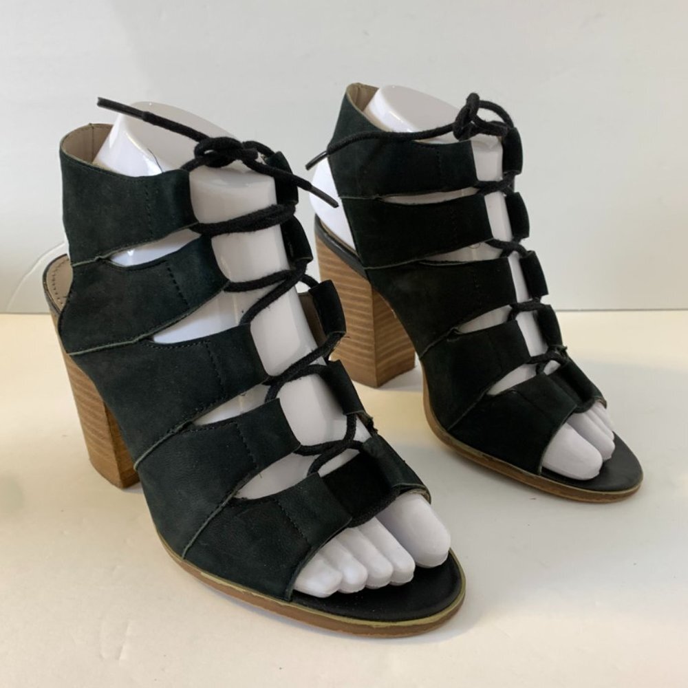 Hinge Black Leather Lace Up Drea Heeled Sandals